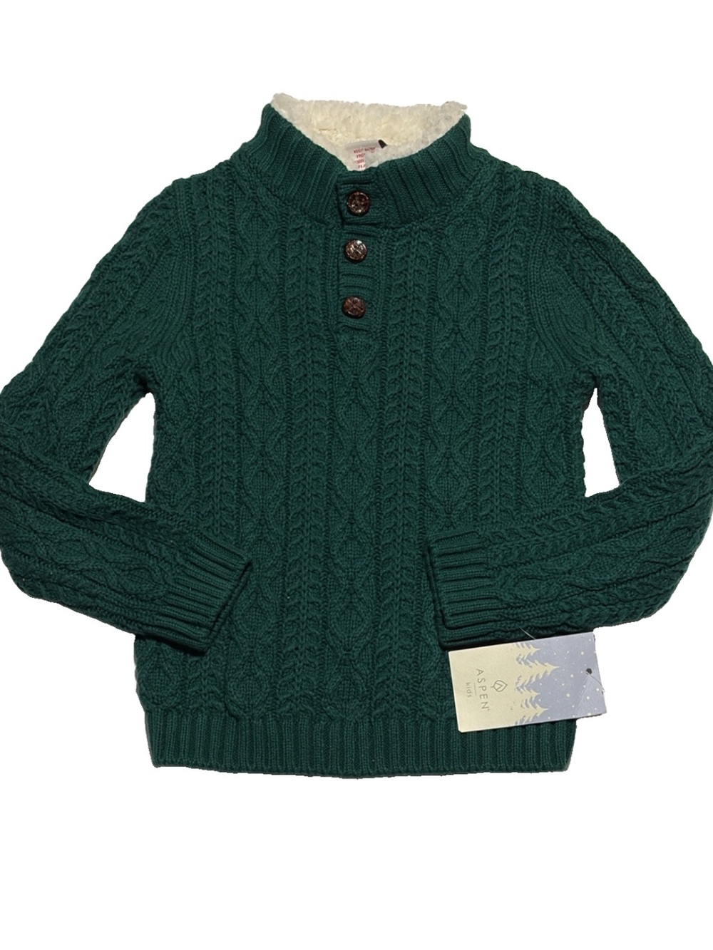 Aspen Kids Boys Cable Knit Sweater Faux Fur Button Collar Green Sz 3T NWT